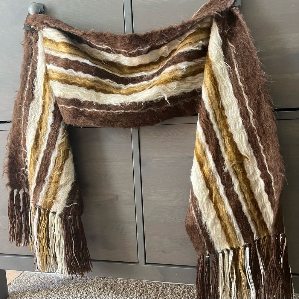 Vintage 1960's Synthetic Mohair Brown and Cream Striped Scarf